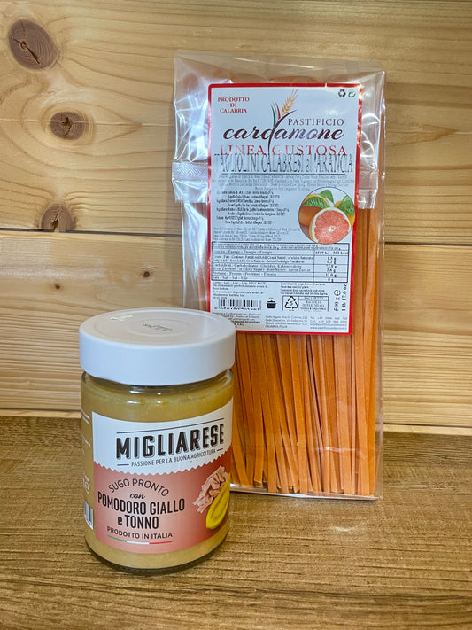 Tagliolini all’arancia, datterino giallo e tonno